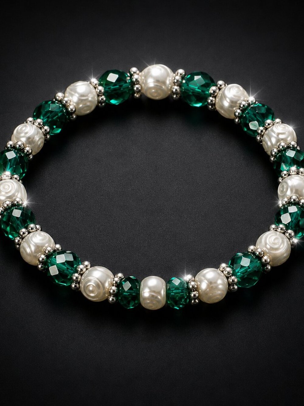 Handmade 6.5" Austrian Green Crystal & Pearl Stretch Bracelet